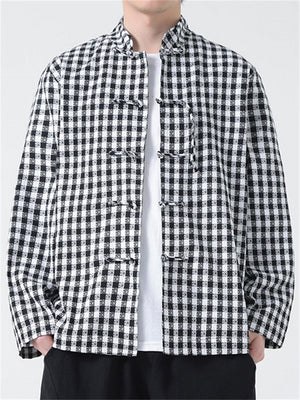 Men's Chinese Style Stand Collar Long Sleeve Linen Plaid Shirt