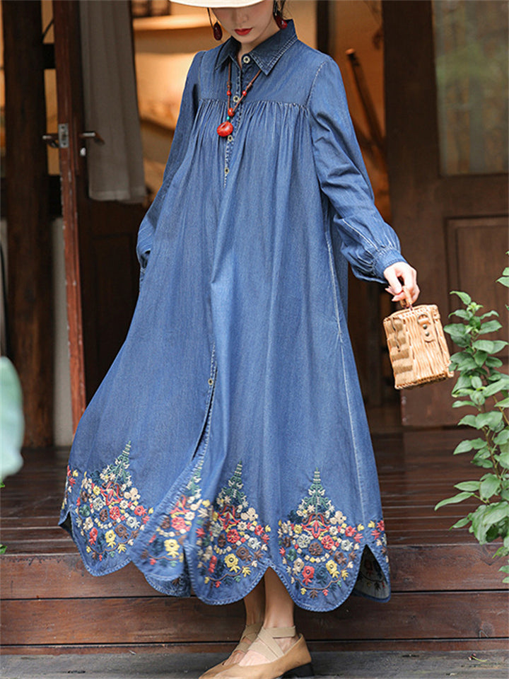 Embroidered Cotton Button Polo Collar Loose Denim Dresses for Women