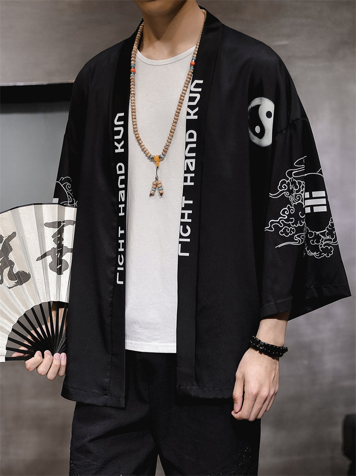 Chinese Zen Style Casual Print Long Sleeve Cardigan for Men