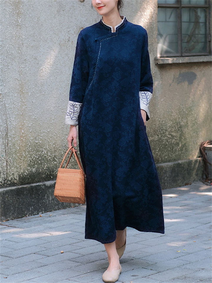 Women's Ramie Cotton Beaded Button Jacquard Dress