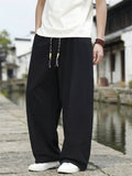 Men Japanese Streetwear Cotton Linen Drawstring Baggy Wide Leg Pants