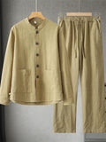 Men's 2Pcs Comfy Autumn Cotton Linen Solid Color TangSuit Outfit