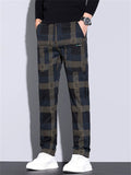 Men's Casual Plaid Elastic Waist Multi-Pocket Straight Fit Pants