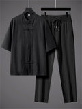 Men's 2Pcs Comfy Stand Collar Short Sleeve Solid Color TangSuit Outfits