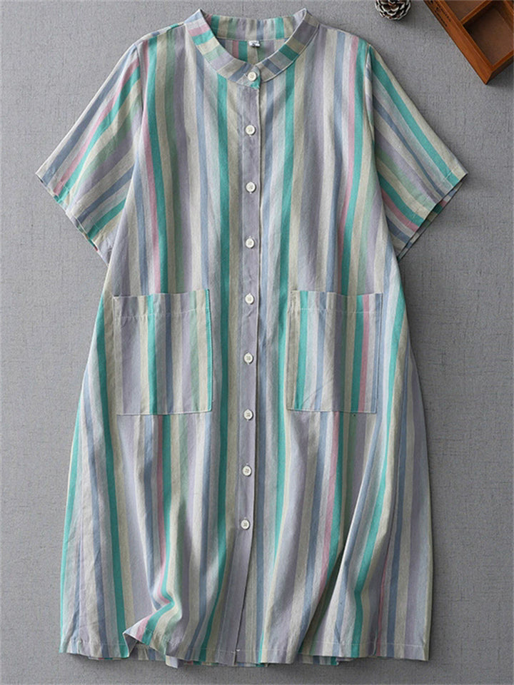 Women's Casual Contrast Color Striped Pockets Button Up Shirt Dress