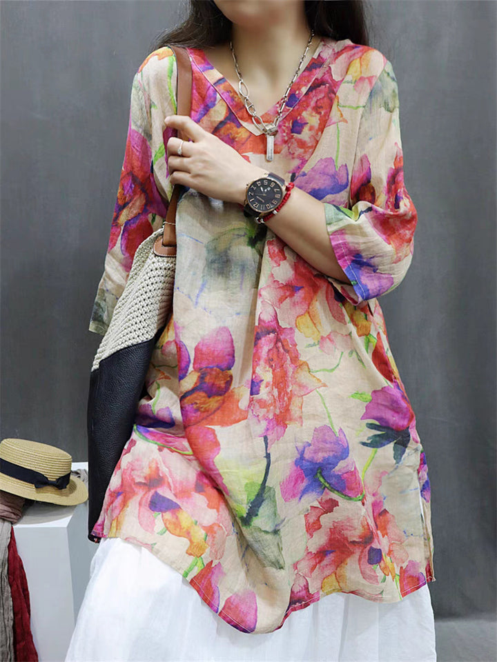 Women's Summer Elegant Retro Floral Printed V Neck Shirts
