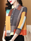 Female's One Size Elegant Striped Contrast Color Lapel 3/4 Sleeve Shirts