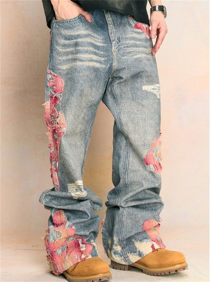 High Street Print Patchwork Unisex Wide Leg Denim Pants