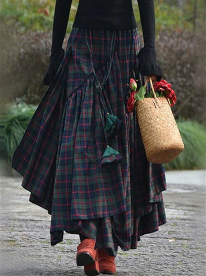 Women's Green Contrast Color Plaid Asymmetric Skirts