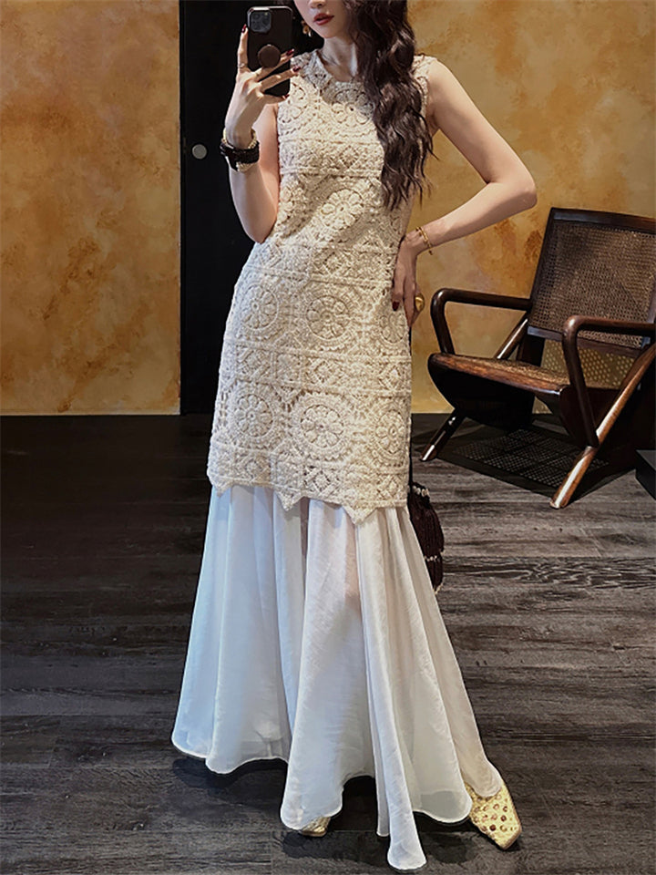 Women's Elegant Solid Color Hollow Patchwork Sleeveless Dress