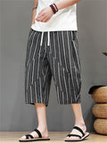 Men's Cotton Linen Stripe Drawstring Capri Pants