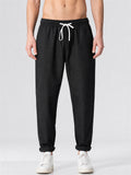 Men Cotton Linen Drawstring Elastic Waist Joggers Tapered Pants