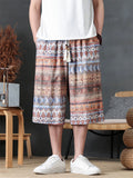 Mens Japanese Style Holiday Printed Wide Leg Cropped Summer Pants