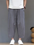 Mens Summer Striped Cotton Linen Loose Baggy Harem Pants