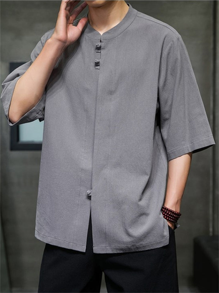 Summer Men's Linen Solid Color Half Sleeve Shirts