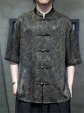 Men's Summer Cool Chinese Style Stand Collar Marble Print Half Sleeve Shirts