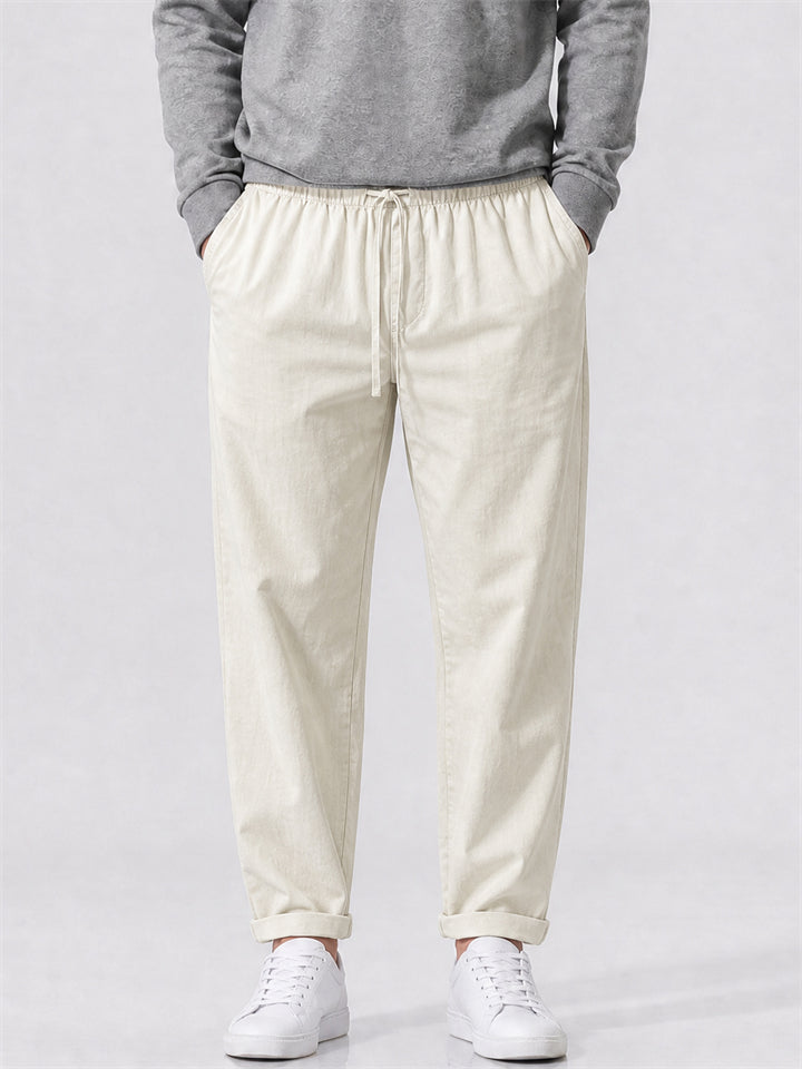 Mens Cotton Linen Pants Drawstring Elastic Waist Casual Trousers