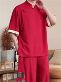 Ethnic Style Slant Opening Plate Buttons Linen Tops and Wide Leg Pants Set for Men
