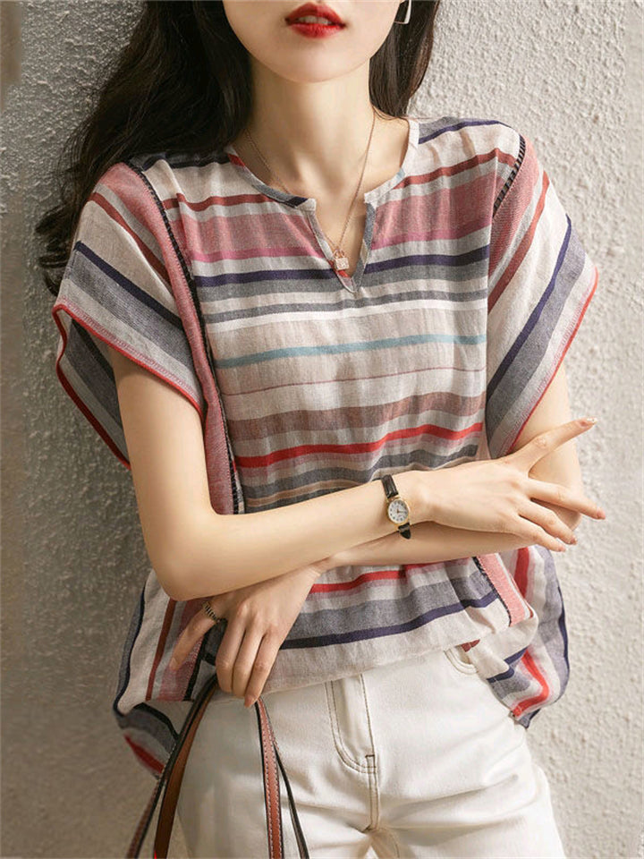 Women's Summer Casual V Neck Stripe Shirts