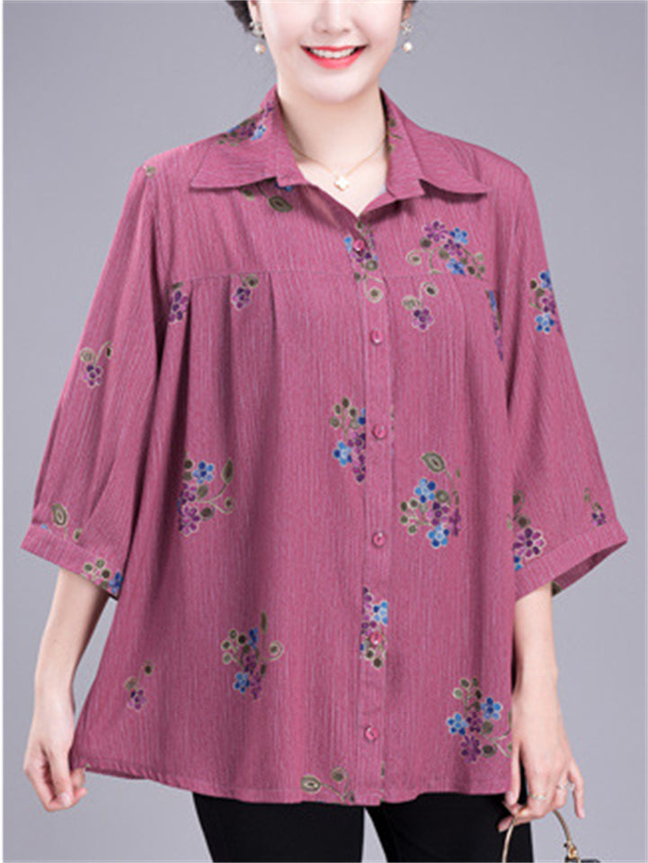 Elegant Plus Size Summer Print Lapel Shirt for Women