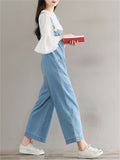 Female Solid Color Wide Leg Demin Overall Cropped Jumpsuits