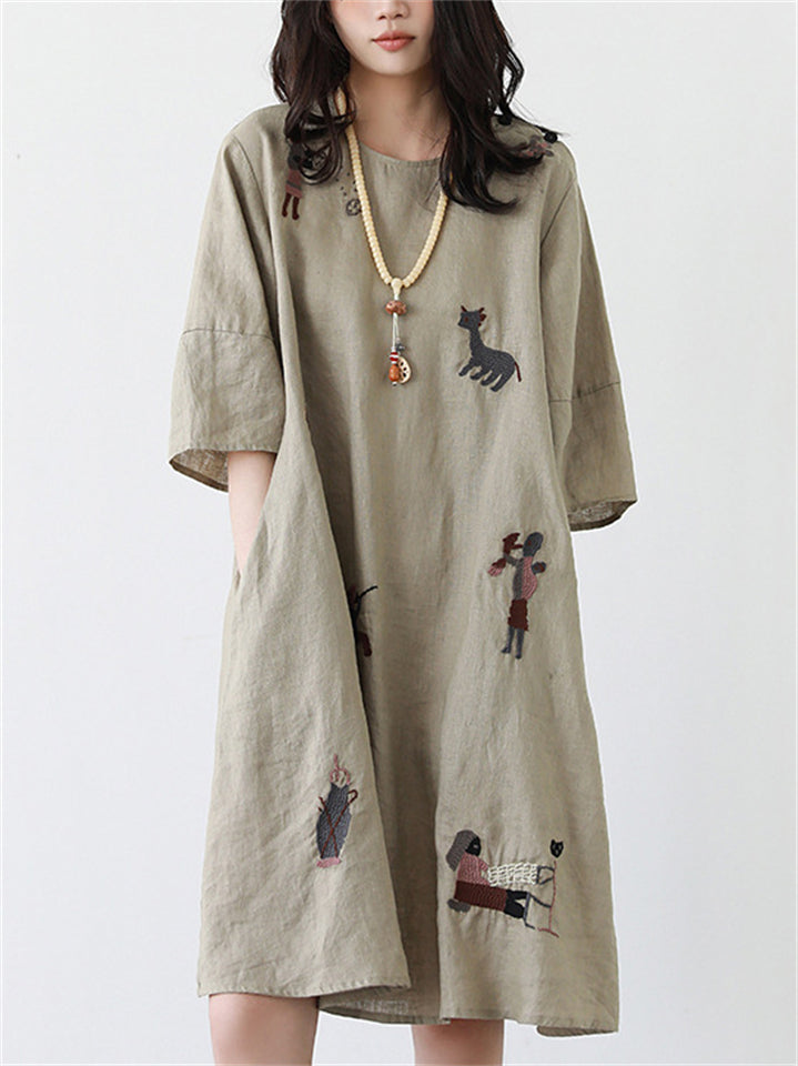 Women's Summer Simple Embroidery Round Neck Dress