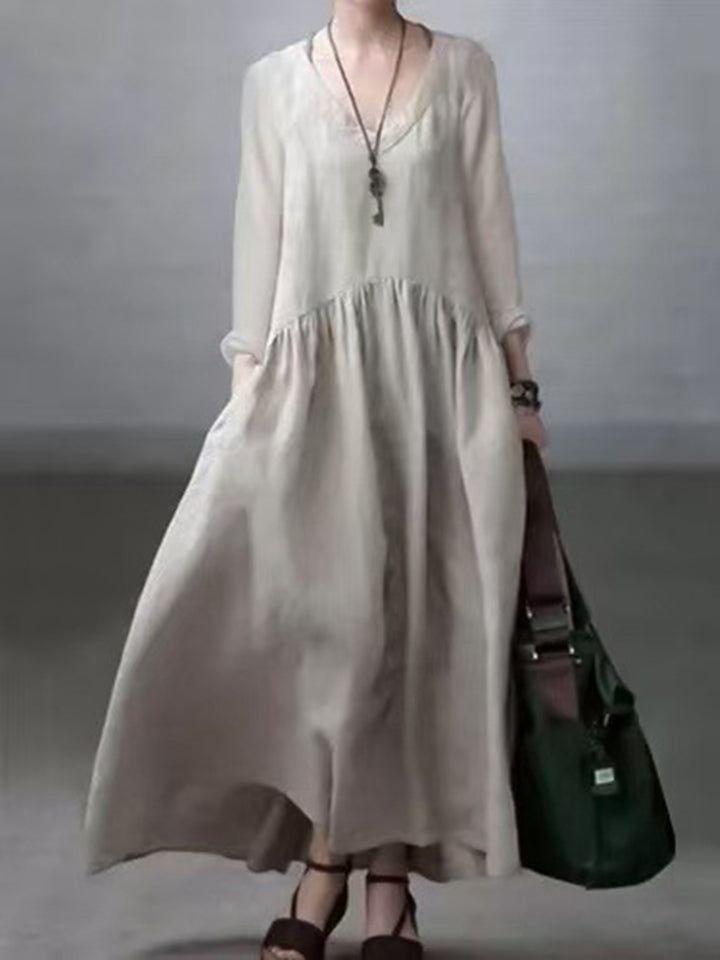 Spring Autumn V-neck Simple Relaxed Solid Dresses for Ladies