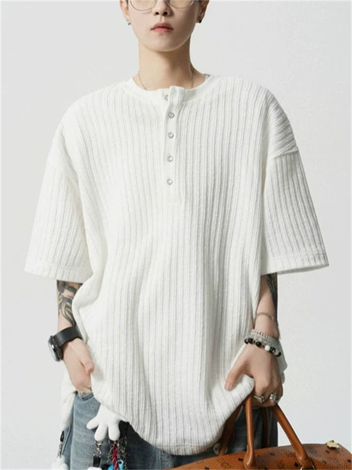 Men's Simple Oversized Ribbed Henley Short Sleeve Streetwear Shirts