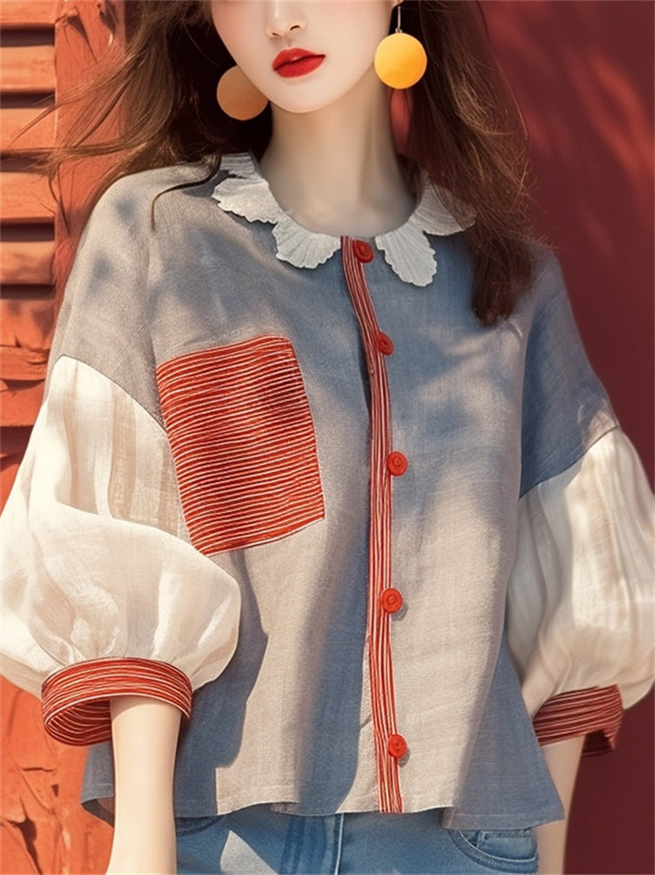 Women's Sweet Style Contrast Color Patchwork Lantern Sleeve Shirts