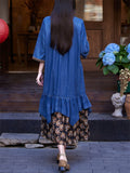 Women's V-neck Ethnic Floral Embroidery Patchwork Ruffled Denim Dress