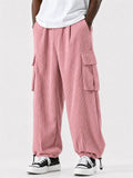 Mens Corduroy Cargo Pants with Multi Pockets and Drawstring Hem