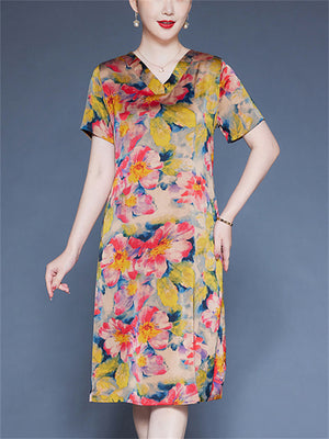 Flower Print V-neck Short Sleeve A-Line Dress for Women