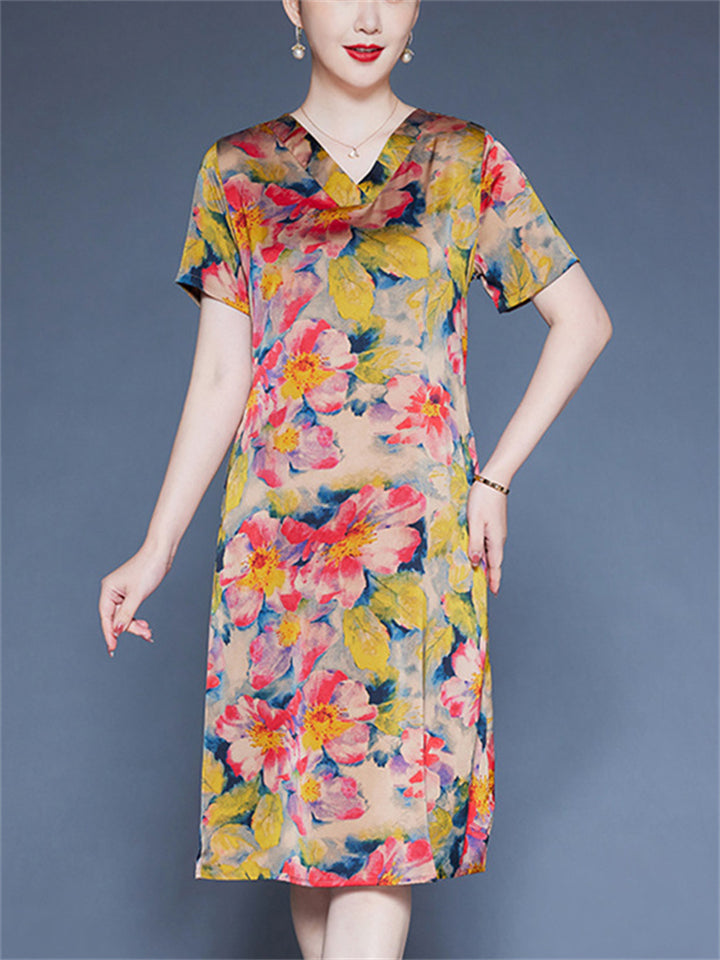 Flower Print V-neck Short Sleeve A-Line Dress for Women