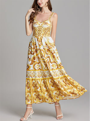 Women's Summer Boho Style Print Strappy Maxi Dress