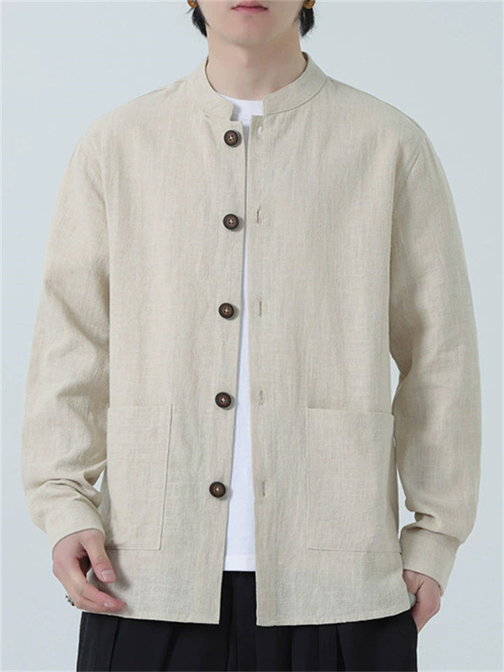 Men's Cotton Linen Mandarin Collar Casual Button Long Sleeve Outwear