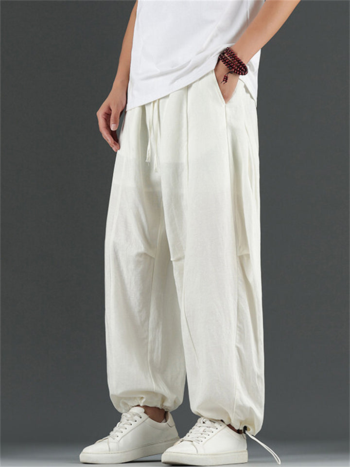 Men's Summer Linen Solid Color Ankle-Tied Straight Pants