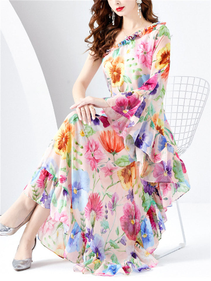 Women's Summer Floral One Shoulder Asymmetric Maxi Dresses