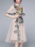 Women's Summer Mesh Print Round Neck Midi Dress