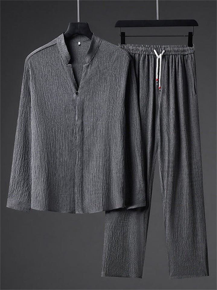 Men's 2Pcs Casual Autumn Solid Color Texture V Neck Long Sleeve Outfits