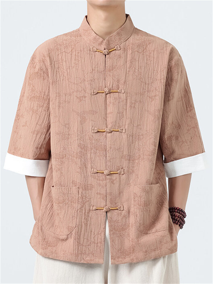 Men's Casual Chinese Style Print Stand Collar Tang Suit Shirt