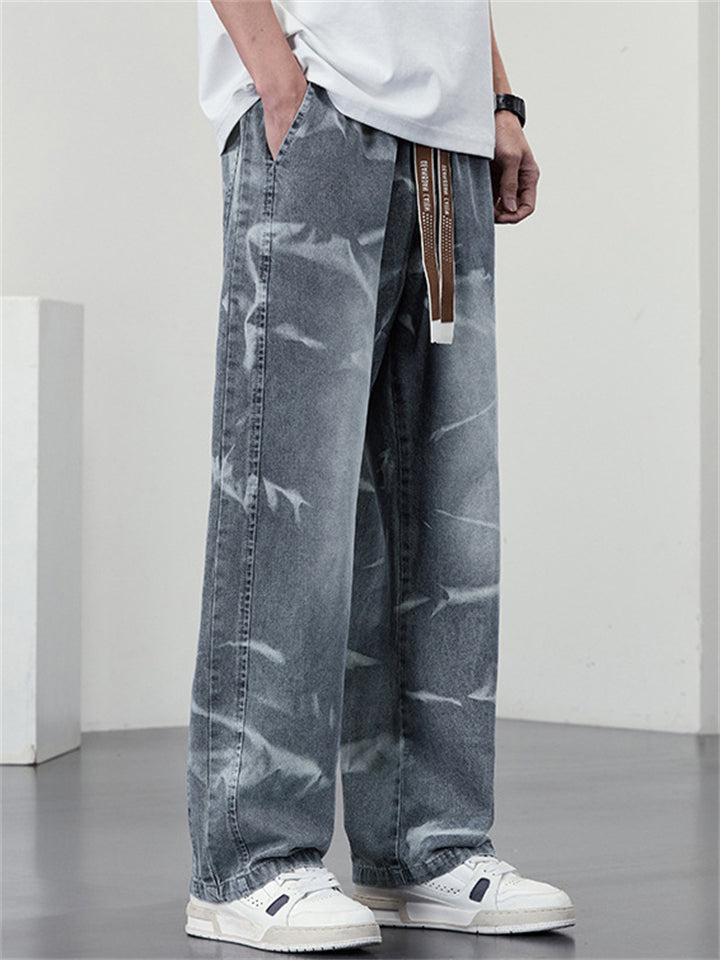 Men Plus Size Washed Tie Dye Drawstring Elastic Waist Loose Fit Jeans