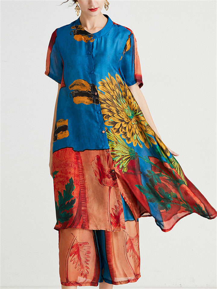 Women's 2Pcs Summer Flowers Print  Round Neck Top & Cropped Pants