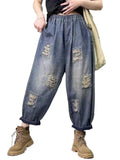 Elastic Waist Wide Leg Ripped Cropped Jeans for Women