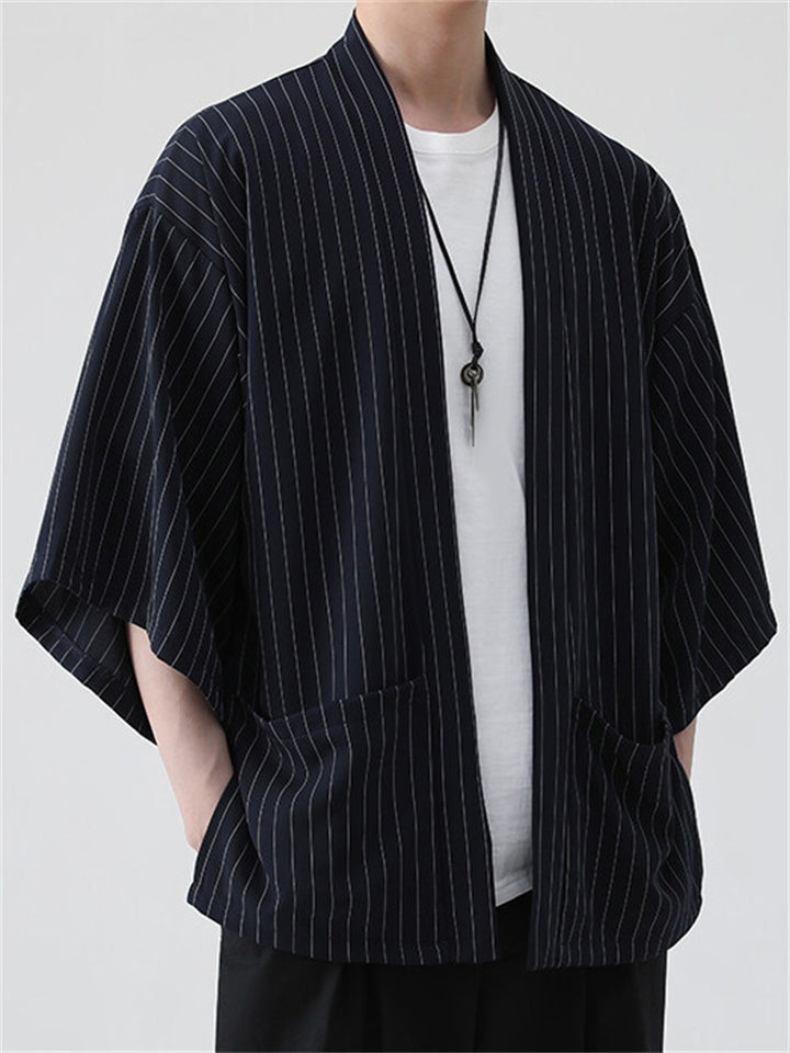 Men's Summer Loose Stripe Short Sleeve Cardigan Shirts