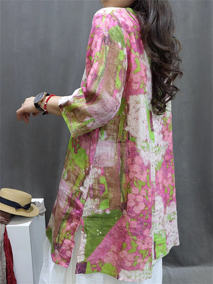 Women's Casual Summer Retro V Neck Printed Half Sleeve Shirt