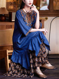 Women's V-neck Ethnic Floral Embroidery Patchwork Ruffled Denim Dress