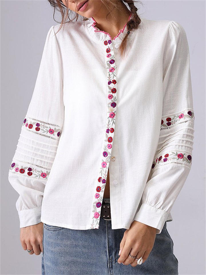 Women's French Style Embroidery Long Sleeve Ruffled Shirt