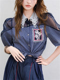 Women's French Style Blue Plaid Mesh Lace Patchwork Short Sleeve Shirts