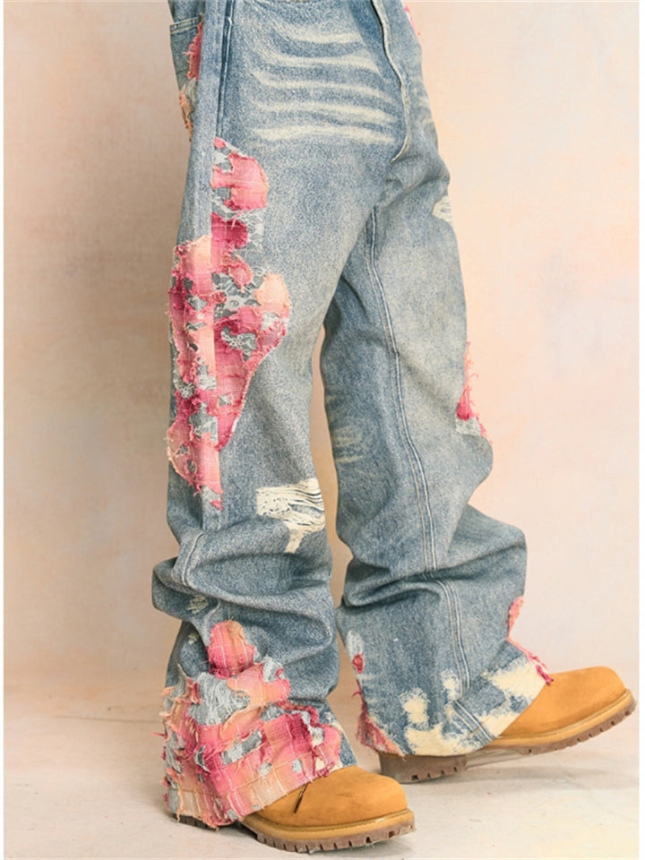 High Street Print Patchwork Unisex Wide Leg Denim Pants