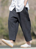 Men's Solid Color Linen Wide Leg Drawstring Cropped Pants